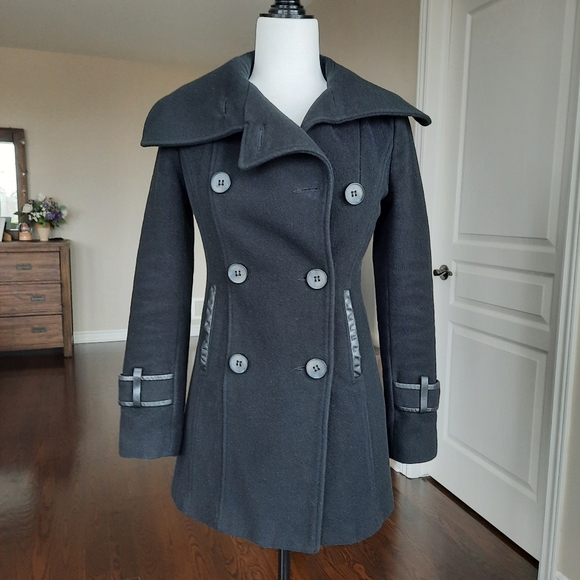 Mackage Black Wool Coat Leather Trim Detail Size XS - Picture 8 of 11